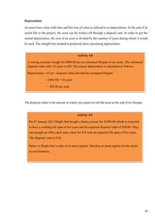 35
Depreciation
An asset loses value with time and this loss of value is referred to as depreciation. At the end of its
useful life to the project, the asset can be written off through a disposal sale. In order to get the
annual depreciation, the cost of an asset is divided by the number of years during which it would
be used. The straight line method is preferred when calculating depreciation.
The disposal value is the amount at which you expect to sell the asset at the end of its lifespan.
Activity 4.8
A sewing machine bought for $900.00 has an estimated lifespan of ten years. The estimated
disposal value after 10 years is $50. The annual depreciation is calculated as follows:
Depreciation = (Cost - disposal value) divided by estimated lifespan
= (900-50) ÷10 years
= $85.00 per year
Activity 4.9
On 01 January 2013 Bright Star bought a honey presser for $1900.00 which is expected
to have a working life span of ten years and an expected disposal value of $20.00. They
also bought an office desk and a chair for $76 with an expected life span of five years.
The disposal value is $10.
Below is Bright Star’s copy of an asset register. Develop an asset register for the assets
in your business
 