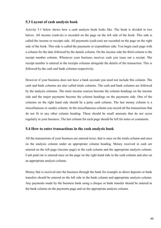 40
5.3 Layout of cash analysis book
Activity 5.1 below shows how a cash analysis book looks like. The book is divided in two
halves. All income (cash-in) is recorded on the page on the left side of the book. This side is
called the income or receipts side. All payments (cash-out) are recorded on the page on the right
side of the book. This side is called the payments or expenditure side. You begin each page with
a column for the date followed by the details column. On the income side the third column is the
receipt number column. Whenever your business receives cash you issue out a receipt. The
receipt number is entered in the receipts columns alongside the details of the transaction. This is
followed by the cash and bank columns respectively.
However if your business does not have a bank account you need not include this column. The
cash and bank columns are also called totals columns. The cash and bank columns are followed
by the analysis columns. The main income sources become the column headings on the income
side and the major payments become the column headings on the payments side. One of the
columns on the right hand side should be a petty cash column. The last money column is a
miscellaneous or sundry column. In the miscellaneous column you record all the transactions that
do not fit in any other column heading. These should be small amounts that do not occur
regularly in your business. The last column for each page should be left for notes or comments.
5.4 How to enter transactions in the cash analysis book
All the transactions of your business are entered twice, that is once on the totals column and once
on the analysis column under an appropriate column heading. Money received in cash are
entered on the left page (income page) in the cash column and the appropriate analysis column.
Cash paid out is entered once on the page on the right hand side in the cash column and also on
an appropriate analysis column.
Money that is received into the business through the bank for example as direct deposits or bank
transfers should be entered on the left side in the bank column and appropriate analysis column.
Any payments made by the business bank using a cheque or bank transfer should be entered in
the bank column on the payments page and on the appropriate analysis column.
 