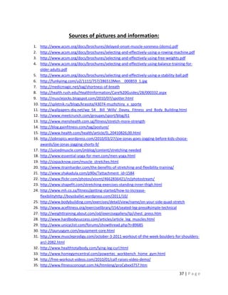 37 | P a g e
Sources of pictures and information:
1. http://www.acsm.org/docs/brochures/delayed-onset-muscle-soreness-(doms).pdf
2. http://www.acsm.org/docs/brochures/selecting-and-effectively-using-a-rowing-machine.pdf
3. http://www.acsm.org/docs/brochures/selecting-and-effectively-using-free-weights.pdf
4. http://www.acsm.org/docs/brochures/selecting-and-effectively-using-balance-training-for-
older-adults.pdf
5. http://www.acsm.org/docs/brochures/selecting-and-effectively-using-a-stability-ball.pdf
6. http://funkyimg.com/u2/1111/757/286513Men__000859_1.jpg
7. http://medicmagic.net/tag/shortness-of-breath
8. http://health.rush.edu/HealthInformation/Care%20Guides/28/000332.aspx
9. http://musclejocks.blogspot.com/2010/07/spotter.html
10. http://spletnik.ru/blogs/krasota/43074-muzhchiny_v_sporte
11. http://wallpapers-diq.net/wp_54__Bill_'Willy'_Davey,_Fitness_and_Body_Building.html
12. http://www.meetcrunch.com/groupes/sport/blog/61
13. http://www.menshealth.com.sg/fitness/stretch-more-strength
14. http://blog.gainfitness.com/tag/posture/
15. http://www.health.com/health/article/0,,20410826,00.html
16. http://jobropics.wordpress.com/2010/03/27/joe-jonas-goes-jogging-before-kids-choice-
awards/joe-jonas-jogging-shorts-9/
17. http://juicedmuscle.com/jmblog/content/stretching-needed
18. http://www.essential-yoga-for-men.com/men-yoga.html
19. http://sixpacknow.com/muscle_stretches.html
20. http://www.itrainharder.com/the-benefits-of-stretching-and-flexibility-training/
21. http://www.shakadula.com/p90x/?attachment_id=1584
22. http://www.flickr.com/photos/vosmt/4662836421/in/photostream/
23. http://www.shapefit.com/stretching-exercises-standing-inner-thigh.html
24. http://www.mh.co.za/fitness/getting-started/how-to-increase-
flexibilityhttp://boysballet.wordpress.com/2011/10/
25. http://www.bodybuilding.com/exercises/detail/view/name/on-your-side-quad-stretch
26. http://www.acefitness.org/exerciselibrary/154/seated-leg-press#simple-technical
27. http://weighttraining.about.com/od/exercisegallery/tp/chest_press.htm
28. http://www.hardbodysuccess.com/articles/article_leg_muscles.html
29. http://www.unicyclist.com/forums/showthread.php?t=89685
30. http://taurusgym.com/equipment-core.html
31. http://www.muscleprodigy.com/october-3-2011-workout-of-the-week-boulders-for-shoulders-
arcl-2082.html
32. http://www.healthtotalbody.com/lying-leg-curl.html
33. http://www.homegymcentral.com/powertec_workbench_home_gym.html
34. http://free-workout-videos.com/2010/01/calf-raises-video-demo/
35. http://www.fitnessconcept.com.hk/htmleng/proCybexSTS7.htm
 