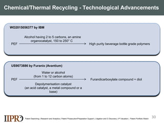 Chemical/Thermal Recycling - Technological Advancements
Patent Searching | Research and Analytics | Patent Prosecution/Preparation Support | Litigation and E-Discovery | IP Valuation | Patent Portfolio Watch
WO2015056377 by IBM
PEF
Alcohol having 2 to 5 carbons, an amine
organocatalyst, 150 to 250° C
High purity beverage bottle grade polymers
PEF
Water or alcohol
(from 1 to 12 carbon atoms)
Depolymerisation catalyst
(an acid catalyst, a metal compound or a
base)
Furandicarboxylate compound + diol
US9073886 by Furanix (Avantium)
30
 