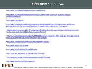 APPENDIX 1: Sources
US8981037B2
PEF used in
preparation of a
polyester resin
EP2235100B1
Resin composition
containing
polyethylene
furandicarboxylateEP2252645B1
Polyester resin
used for
producing a
molded article
EP2257596B1
Resin composition
containing
polyethylene
furandicarboxylate
CANON
US7741389B2
Resin composition
containing a
polyalkylene furan
dicarboxylate resin
and a porphyrin
compound
US20120258299
PEF is used in
preparation of a
polyester resin
US20090124763
Method of
synthesis, PEF
having a furan
ring
Patent Searching | Research and Analytics | Patent Prosecution/Preparation Support | Litigation and E-Discovery | IP Valuation | Patent Portfolio Watch
• http://www.carbios.fr/en/polymers-derived-from-recycling
• http://www.foodproductiondaily.com/Innovations/Carbios-starts-production-at-its-pilot-plant-for-
biodegradable-plastic
• http://www.carbios.fr/en
• http://www.coca-colacompany.com/press-center/press-releases/the-coca-cola-company-announces-
partnerships-to-develop-commercial-solutions-for-plastic-bottles-made-entirely-from-plants
• http://avantium.com/news/2011-2/Avantium-and-The-Coca-Cola-Company-sign-partnership-agreement-to-
develop-next-generation-100-plant-based-plastic-PEF.html
• http://www.biofuelsdigest.com/bdigest/2014/06/05/avantium-raises-50m-from-coca-cola-danone-swire-and-
more-as-all-renewable-pef-plastic-bottles-take-the-spotlight/
• http://www.sulzer.com/en/About-us/Our-Businesses/Chemtech
• http://www.natura.com.br/www/
• http://www.toray.com/news/rd/nr110627.html
• http://pubs.acs.org/doi/pdf/10.1021/bk-2012-1105.ch001
• http://avantium.com/yxy/products-applications/fdca/PEF-bottles
• http://www.novamont.com/eng/news.php
35
 