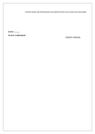 I hereby declare that all information provided herewith is true to best of my knowledge.
DATE :- ………
PLACE: FARIDABAD
(NEETU SINGH)
 