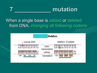 7 ___________ mutation
When a single base is added or deleted
 from DNA, changing all following codons
 
