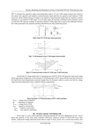Design, Modeling and Simulation of Fuzzy Controlled SVC for Transmission Line
www.ijesi.org 12 | P a g e
900
). To decrease the capacitive output, decreasing delay angle α. At zero VAR output increases the current in
the reactor, the capacitive and inductive current becomes equal and thus the capacitive and inductive VARs
cancel out. With a further decrease of angle α, the inductive current becomes larger than the capacitive current,
resulting in a net inductive VAR output. At zero delay angle, the thyristor-controlled reactor conducts current
over the full 180o
interval, resulting in maximum inductive VAR output that is equal to the difference between
the VARs generated by the capacitor and those absorbed by the fully conducting reactor.
Fig.6. basic FC-TCR type static generator
Fig.7. VAR demand versus VAR output characteristic
Fig.8. V-I characteristics of the FC-TCR type VAR Generator
In Fig.8 the [1] voltage defines the V-I operating area of the FC-TCR VAR generator and current rating
of the major power components. In the dynamic V-I Characteristics of SVC along with the Load lines showed in
the Fig.9[1] the load characteristics assumed straight lines for Dynamic studies as easily seen that the voltage
improved with compensation when compared without compensation.
Fig.9. Dynamic V-I Characteristics of SVC with Load lines
VCmax = voltage limit of capacitor
BC = admittance of capacitor
VLmax = voltage limit of TCR
ICmax = capacitive current limit
ILmax = inductive current limit
BLmax = max inductive admittance
III. FUZZY LOGIC CONTROLLER
Fuzzy logic is a new control approach with great potential for real time applications [2] [3]. Fig.10
shows the structure of the fuzzy logic controller (FIS-Fuzzy inference system) in MATLAB Fuzzy logic
toolbox. [5][6].Load voltage and load current taken as input to fuzzy system. For a closed loop control, error
 