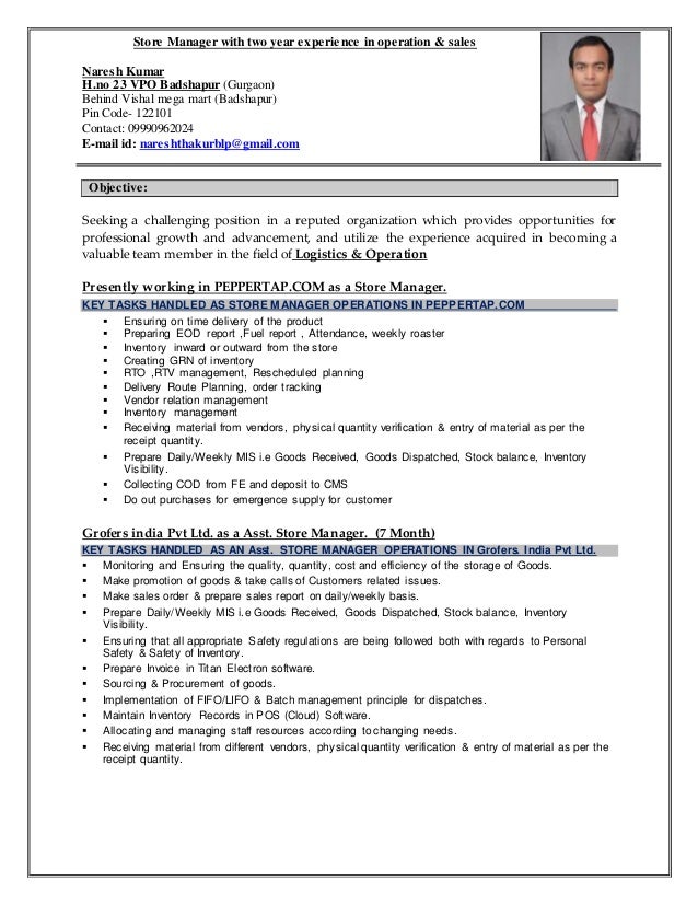 store manager with two year experance in operation and sales resume