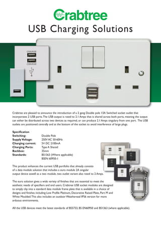 USB Charging Solutions
Crabtree are pleased to announce the introduction of a 2 gang Double pole 13A Switched socket outlet that
incorporates 2 USB ports.The USB output is rated to 2.1 Amps that is shared across both ports, meaning the output
can either be distributed across two devices as required, or can produce 2.1 Amps singulary from one port. The USB
outlets are positioned centrally and at the bottom of the socket to avoid interference of large plugs.
Specification
Switching: Double Pole
SupplyVoltage: 250V AC 50-60Hz
Charging current: 5V DC 2100mA
Charging Ports: Type A Shared
Backbox: 35mm
Standards: BS1363 (Where applicable)
BSEN 60950-1
This product enhances the current USB portfolio that already consists
of a data module solution that includes a euro module 2A singular
output device aswell as a two module, two outlet variant also rated to 2 Amps.
The euro solution gives a wide variety of finishes that are essential to meet the
aesthetic needs of specifiers and end users. Crabtree USB socket modules are designed
to simply clip into a standard data module frame plate that is available in a choice of
designs and finishes including Low Profile Platinum, Decorative Raised Plate, Part M and
White Moulded.This also includes an outdoor Weatherseal IP56 version for more
arduous environments.
All the USB devices meet the latest standards of BS5733, BS EN60950 and BS1363 (where applicable).
 