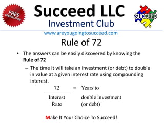 Rule of 72
72 = Years to
Interest
Rate
double investment
(or debt)
• The answers can be easily discovered by knowing the
Rule of 72
– The time it will take an investment (or debt) to double
in value at a given interest rate using compounding
interest.
Succeed LLC
Investment Club
www.areyougoingtosucceed.com
Make It Your Choice To Succeed!
 