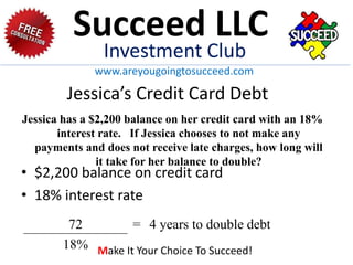 Jessica’s Credit Card Debt
• $2,200 balance on credit card
• 18% interest rate
72 = 4 years to double debt
18%
Jessica has a $2,200 balance on her credit card with an 18%
interest rate. If Jessica chooses to not make any
payments and does not receive late charges, how long will
it take for her balance to double?
Succeed LLC
Investment Club
www.areyougoingtosucceed.com
Make It Your Choice To Succeed!
 