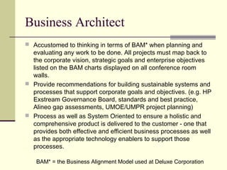 Business Architect
 Accustomed to thinking in terms of BAM* when planning and
evaluating any work to be done. All projects must map back to
the corporate vision, strategic goals and enterprise objectives
listed on the BAM charts displayed on all conference room
walls.
 Provide recommendations for building sustainable systems and
processes that support corporate goals and objectives. (e.g. HP
Exstream Governance Board, standards and best practice,
Alineo gap assessments, UMOE/UMPR project planning)
 Process as well as System Oriented to ensure a holistic and
comprehensive product is delivered to the customer - one that
provides both effective and efficient business processes as well
as the appropriate technology enablers to support those
processes.
BAM* = the Business Alignment Model used at Deluxe Corporation
 