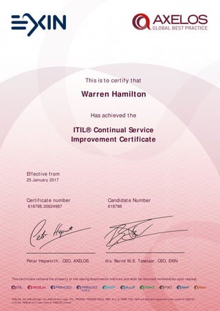 This is to certify that
Warren Hamilton
Has achieved the
ITIL® Continual Service
Improvement Certificate
Effective from
25 January 2017
Certificate number Candidate Number
618798.20624987 618798
Peter Hepworth, CEO, AXELOS drs. Bernd W.E. Taselaar, CEO, EXIN
This certificate remains the property of the issuing Examination Institute and shall be returned immediately upon request.
AXELOS, the AXELOS logo, the AXELOS swirl logo, ITIL, PRINCE2, PRINCE2 AGILE, MSP, M_o_R, P3M3, P3O, MoP and MoV are registered trade marks of AXELOS
Limited. RESILIA is a trade mark of AXELOS Limited.
 