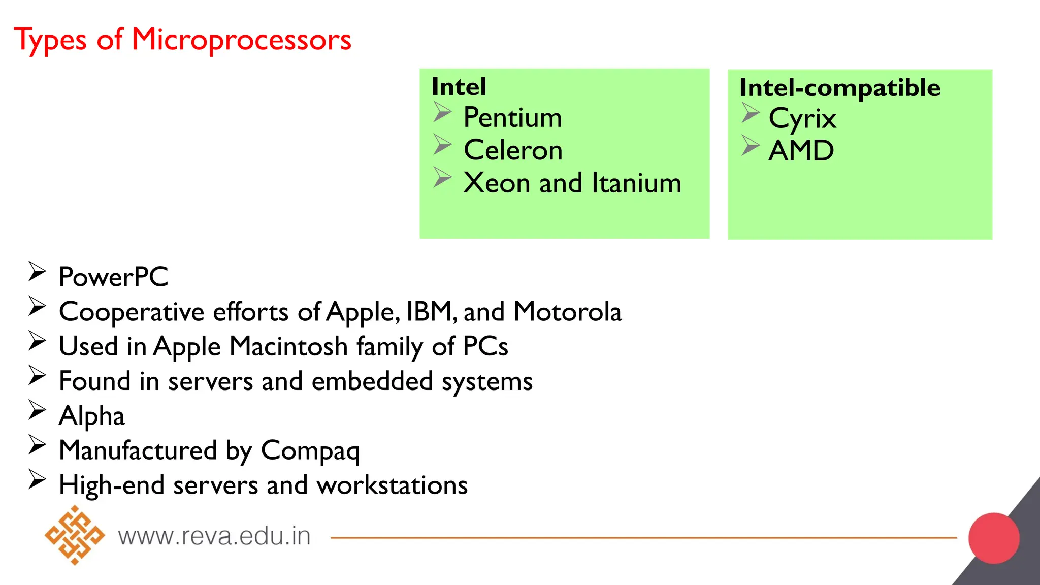 Types of Microprocessors
Intel
 Pentium
 Celeron
 Xeon and Itanium
Intel-compatible
 Cyrix
 AMD
 PowerPC
 Cooperative efforts of Apple, IBM, and Motorola
 Used in Apple Macintosh family of PCs
 Found in servers and embedded systems
 Alpha
 Manufactured by Compaq
 High-end servers and workstations
 