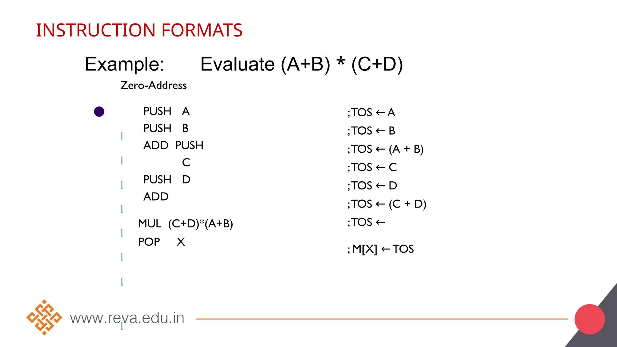 INSTRUCTION FORMATS
Example: Evaluate (A+B) * (C+D)
●
Zero-Address
l
PUSH A
PUSH B
ADD PUSH
C
PUSH D
ADD
;TOS A
←
;TOS B
←
;TOS (A + B)
←
;TOS C
←
;TOS D
←
;TOS (C + D)
←
;TOS ←
l
l
l
l
l
l
MUL (C+D)*(A+B)
POP X
l
; M[X] TOS
←
 