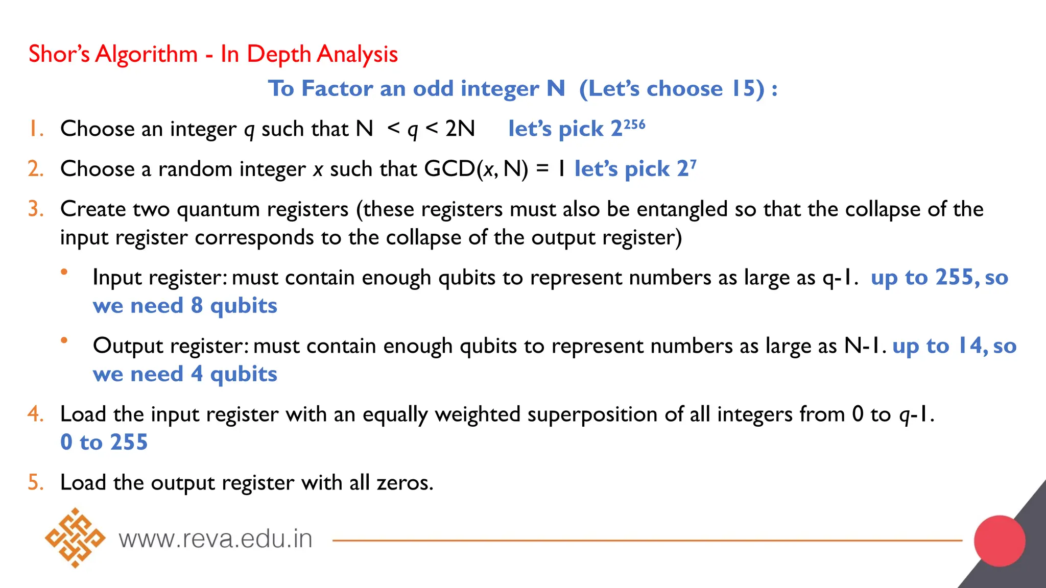 Shor’s Algorithm - In Depth Analysis
To Factor an odd integer N (Let’s choose 15) :
1. Choose an integer q such that N < q < 2N let’s pick 2256
2. Choose a random integer x such that GCD(x, N) = 1 let’s pick 27
3. Create two quantum registers (these registers must also be entangled so that the collapse of the
input register corresponds to the collapse of the output register)
• Input register: must contain enough qubits to represent numbers as large as q-1. up to 255, so
we need 8 qubits
• Output register: must contain enough qubits to represent numbers as large as N-1. up to 14, so
we need 4 qubits
4. Load the input register with an equally weighted superposition of all integers from 0 to q-1.
0 to 255
5. Load the output register with all zeros.
 