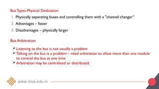 Bus Types-Physical Dedication
1. Physically separating buses and controlling them with a "channel changer”
2. Advantages – faster
3. Disadvantages – physically larger
Bus Arbitration
Listening to the bus is not usually a problem
Talking on the bus is a problem – need arbitration to allow more than one module
to control the bus at one time
Arbitration may be centralised or distributed
 