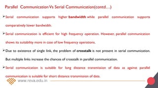 Parallel CommunicationVs Serial Communication(contd…)
Serial communication supports higher bandwidth while parallel communication supports
comparatively lower bandwidth.
Serial communication is efficient for high frequency operation. However, parallel communication
shows its suitability more in case of low frequency operations.
Due to existence of single link, the problem of crosstalk is not present in serial communication.
But multiple links increase the chances of crosstalk in parallel communication.
Serial communication is suitable for long distance transmission of data as against parallel
communication is suitable for short distance transmission of data.
 