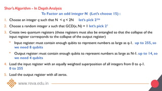 Shor’s Algorithm - In Depth Analysis
To Factor an odd integer N (Let’s choose 15) :
1. Choose an integer q such that N < q < 2N let’s pick 2256
2. Choose a random integer x such that GCD(x, N) = 1 let’s pick 27
3. Create two quantum registers (these registers must also be entangled so that the collapse of the
input register corresponds to the collapse of the output register)
• Input register: must contain enough qubits to represent numbers as large as q-1. up to 255, so
we need 8 qubits
• Output register: must contain enough qubits to represent numbers as large as N-1. up to 14, so
we need 4 qubits
4. Load the input register with an equally weighted superposition of all integers from 0 to q-1.
0 to 255
5. Load the output register with all zeros.
 
