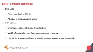 Buses – Structure (continued)
1. Data Lines
1. Passes data back and forth
2. Number of lines represents width
2. Address lines
1. Designates location of source or destination
2. Width of address bus specifies maximum memory capacity
3. High order selects module and low order selects a location within the module
 