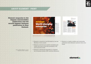 Source: Nielsen CMI Q3 13 – Q2 14.
Based on an AP10+ Audience.
Element magazine is the
biggest sustainability
publication ...