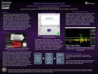 AMBIENT SENSOR RESEARCH FOR
SLEEP QUALITY ENVIRONMENTAL ASSESSMENT
Martin Ortega1, Steve Warren2, Charles Carlson3
1Kansas State University, Department of Electrical & Computer Engineering, Manhattan, KS USA; 2Heartspring, Wichita, KS USA
We thank all the staff, development team, and everyone associated with this research project. We extend our thanks to the RiPS Program for all the support, guidance, and encouragement throughout
the summer. This work was supported by National Science Foundation grant No. 1305059 (KS-LSAMP), and is also based upon work supported by the National Science Foundation (NSF) General &
Age-Related Disabilities Engineering (GARDE) Program under grants CBET–1067740 and UNS–1512564.
Children with an autism spectrum disorder (ASD)
experience sleep-related problems more often than
neurotypical children, and these issues directly affect
their daytime behavior and their cognitive development.
Current technology is not suited for use with autistic
children, there then exists a need for an improved
nighttime monitoring instrument for severely disabled
children. Kansas State University researchers are
working with students in Heartspring School in Wichita,
KS, to develop an unobtrusive bed-based suite that will
be able to monitor ambient conditions in the room,
check physiological signs, and other events.
Relative Humidity Detection
Figure 2 is the humidity sensors VI – which is
created through LabVIEW.
Importance
This research focuses on the bed-suites ambient sensors
which measure relative humidity, and sound power level
in the environment. Ambient sensors are connected via
NI 9205 module (16 16-bit differential channels, fs = 250
Hz) instrument. These modules are connected to an
Ethernet network - using a National Instrument 9184
cDAQ chassis. The signals are then managed with a
LabVIEW virtual instrument. This VI allows us to create a
graphical representation of the signal, and is where the
sensors measurements are portrayed. This also allows us
the option to store data to perform analysis later.
Methods
Sound Power Level Detection
To detect sound power level (SWL), the “SparkFun Sound
Detector” is used – which uses sound conditioning to
detect when sound is present. This works similar to the
humidity sensor by giving an analog representation of the
signal - which is amplified by a LMV324 - with increasing
amplitudes as sound intensity increases. The envelope
signals are recorded and processed, then converted into
a SWL in decibels (dB). The voltage is also then
converted to SWL by using a known relationship.
Data analysis from these sensors will be used to
determine the effect of ambient conditions on sleep
wellness.
Future work includes transitioning into a wireless network
to allow data to be saved via a cloud-network, and to
make the bed far more unobtrusive.
Conclusions | Future Research
The AM2001 humidity sensor (fig. 1, 1a) is used to
determine the relative humidity (RH) in the room. This
works by utilizing thermoplastic polymers which detect
moisture levels in the air, which is then written as a
voltage (fig. 2). Using the sensors data sheet we’re able
to calculate the relative humidity from the voltage with
the formula ‘y = 36(x) – 10’. When certain conditions
are met, the VI is programmed to alert the user.
Figure 1 shows the two sensors used to measure
relative humidity, and sound power level
Figure 3 shows the envelope and audio signal from the
Sound Detector. The envelope signal is used to detect
sound intensity
 