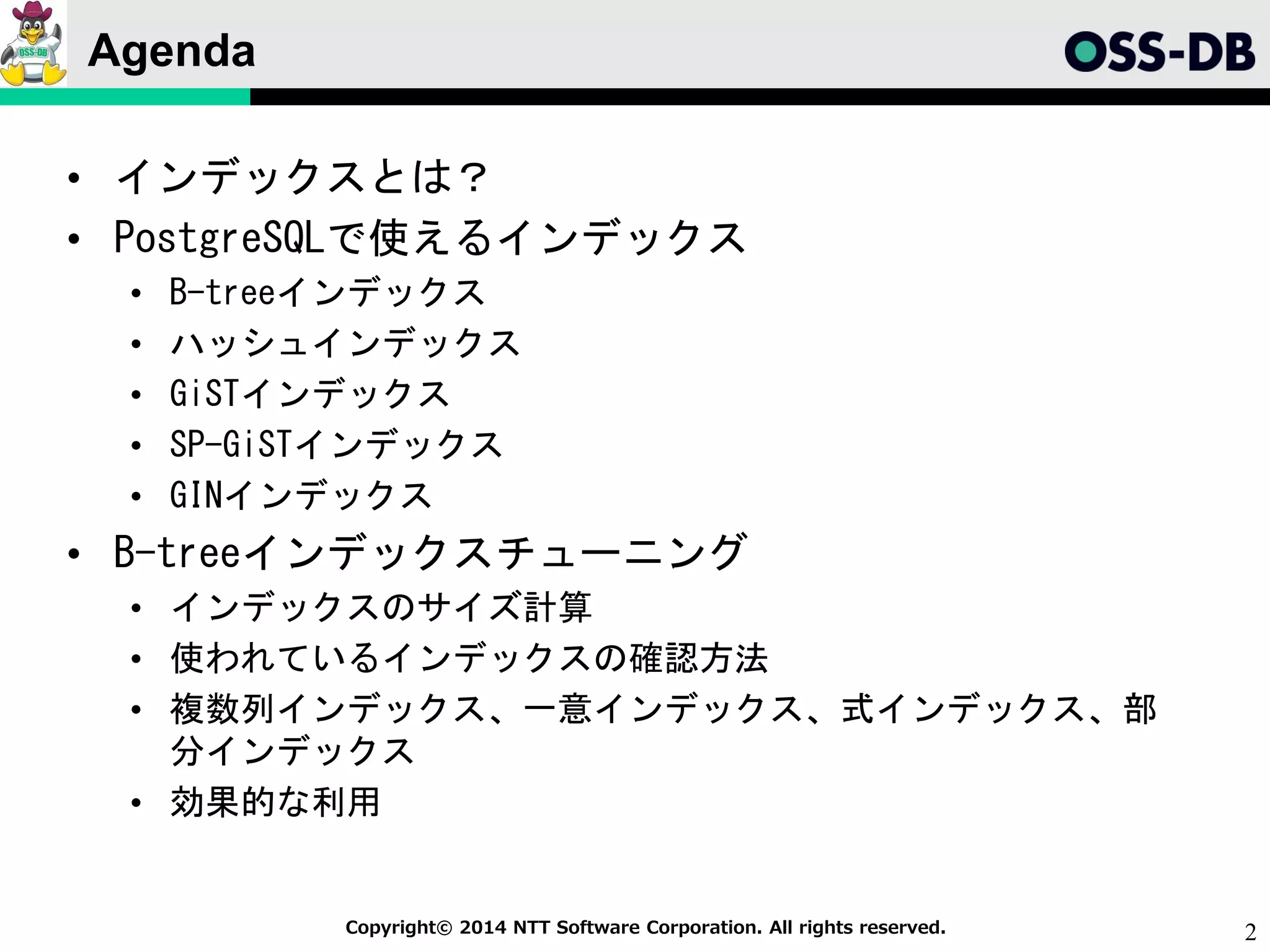 2Copyright© 2014 NTT Software Corporation. All rights reserved.
Agenda
• インデックスとは？
• PostgreSQLで使えるインデックス
• B-treeインデックス
• ハッシュインデックス
• GiSTインデックス
• SP-GiSTインデックス
• GINインデックス
• B-treeインデックスチューニング
• インデックスのサイズ計算
• 使われているインデックスの確認方法
• 複数列インデックス、一意インデックス、式インデックス、部
分インデックス
• 効果的な利用
 