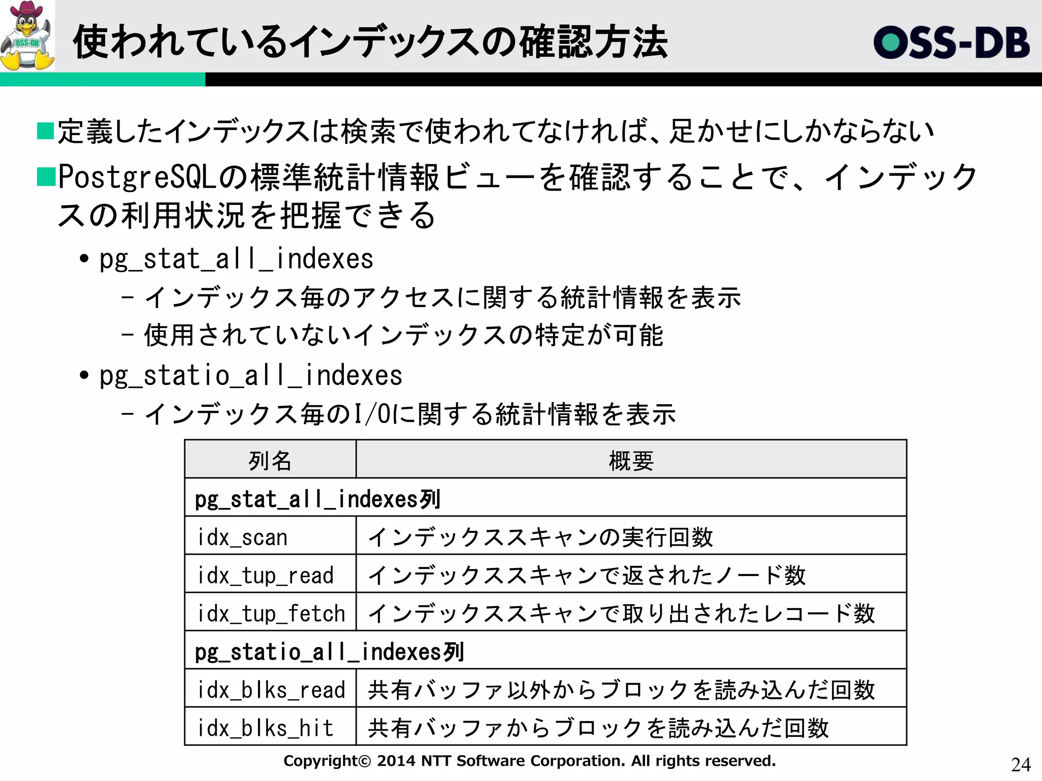 24Copyright© 2014 NTT Software Corporation. All rights reserved.
使われているインデックスの確認方法
定義したインデックスは検索で使われてなければ、足かせにしかならない
PostgreSQLの標準統計情報ビューを確認することで、インデック
スの利用状況を把握できる
 pg_stat_all_indexes
- インデックス毎のアクセスに関する統計情報を表示
- 使用されていないインデックスの特定が可能
 pg_statio_all_indexes
- インデックス毎のI/Oに関する統計情報を表示
列名 概要
pg_stat_all_indexes列
idx_scan インデックススキャンの実行回数
idx_tup_read インデックススキャンで返されたノード数
idx_tup_fetch インデックススキャンで取り出されたレコード数
pg_statio_all_indexes列
idx_blks_read 共有バッファ以外からブロックを読み込んだ回数
idx_blks_hit 共有バッファからブロックを読み込んだ回数
 