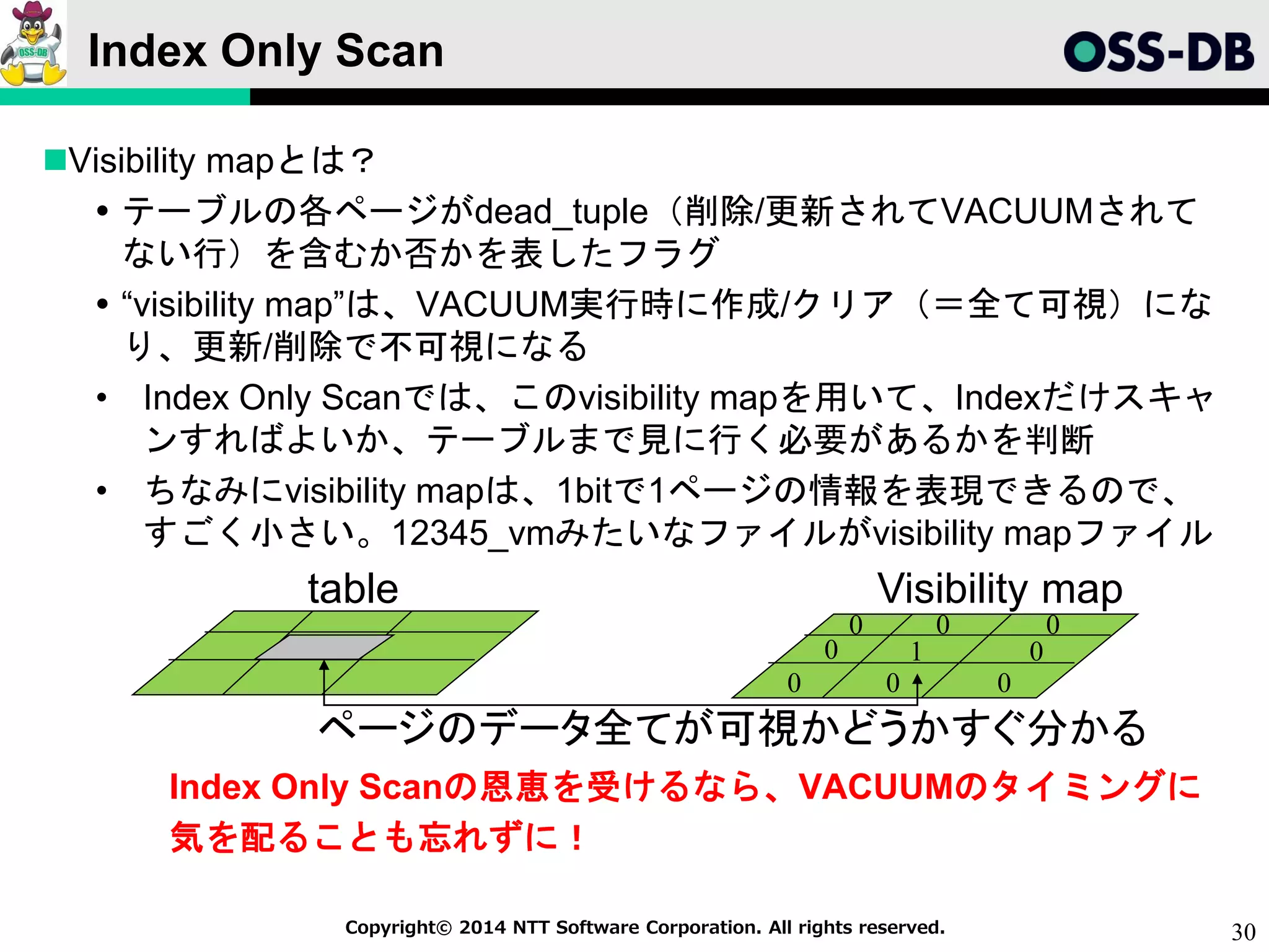 30Copyright© 2014 NTT Software Corporation. All rights reserved.
Index Only Scan
Visibility mapとは？
 テーブルの各ページがdead_tuple（削除/更新されてVACUUMされて
ない行）を含むか否かを表したフラグ
 “visibility map”は、VACUUM実行時に作成/クリア（＝全て可視）にな
り、更新/削除で不可視になる
• Index Only Scanでは、このvisibility mapを用いて、Indexだけスキャ
ンすればよいか、テーブルまで見に行く必要があるかを判断
• ちなみにvisibility mapは、1bitで1ページの情報を表現できるので、
すごく小さい。12345_vmみたいなファイルがvisibility mapファイル
Index Only Scanの恩恵を受けるなら、VACUUMのタイミングに
気を配ることも忘れずに！
table Visibility map
0 0 0
0 1 0
0 0 0
ページのデータ全てが可視かどうかすぐ分かる
 