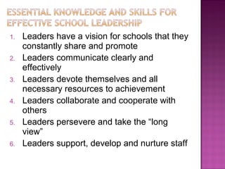 1. Leaders have a vision for schools that they
constantly share and promote
2. Leaders communicate clearly and
effectively
3. Leaders devote themselves and all
necessary resources to achievement
4. Leaders collaborate and cooperate with
others
5. Leaders persevere and take the “long
view”
6. Leaders support, develop and nurture staff
 
