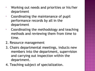• Working out needs and priorities or his/her
department
• Coordinating the maintenance of pupil
performance records by all in the
department
• Coordinating the methodology and teaching
methods and reviewing them from time to
time.
2. Resource management
3. Chairs departmental meetings, inducts new
members into the department, supervision
and carrying out inspection within the
department.
4. Teaching subject of specialization.
 