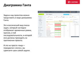 Задачи над проектом можно
представить в виде диаграммы
Ганта.
Это классический вид списка
задач, который наглядно
отображает временные рамки,
причем, в той
последовательности, в которой
они должны проходить на
протяжении проекта.
И это не просто «вид» –
передвигая «ленту», вы
сдвигаете срок самой задачи.
Диаграмма Ганта
 