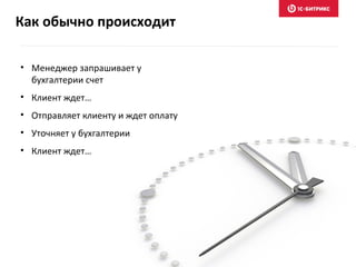 Как обычно происходит
• Менеджер запрашивает у
бухгалтерии счет
• Клиент ждет…
• Отправляет клиенту и ждет оплату
• Уточняет у бухгалтерии
• Клиент ждет…
 