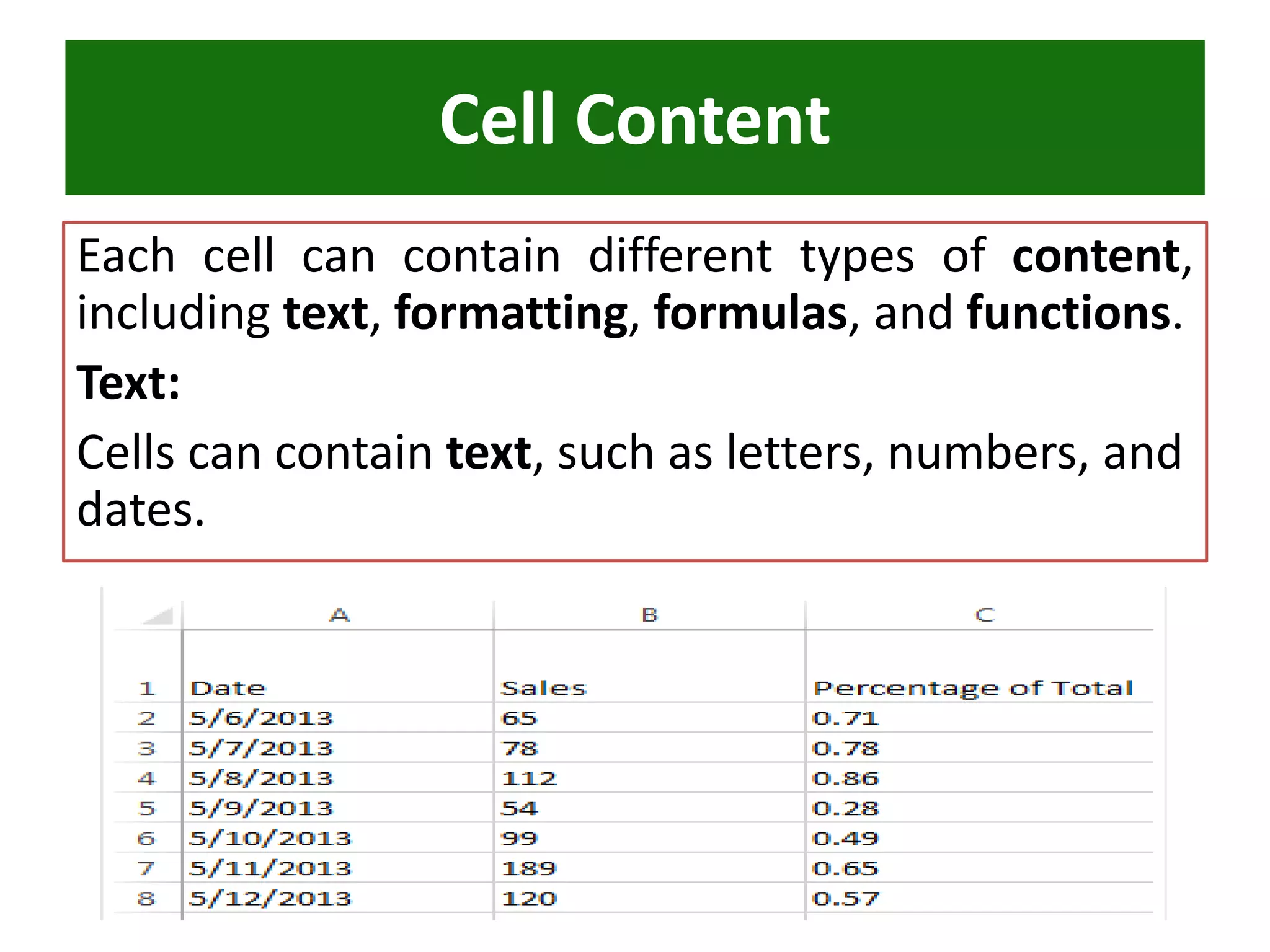 Each cell can contain different types of content,
including text, formatting, formulas, and functions.
Text:
Cells can contain text, such as letters, numbers, and
dates.
Cell Content
 