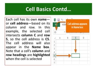 Each cell has its own name—
or cell address—based on its
column and row. In this
example, the selected cell
intersects column C and row
5, so the cell address is C5.
The cell address will also
appear in the Name box.
Note that a cell's column and
row headings are highlighted
when the cell is selected
Cell Basics Contd…
 