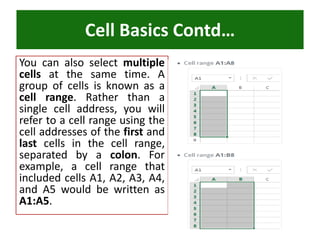 You can also select multiple
cells at the same time. A
group of cells is known as a
cell range. Rather than a
single cell address, you will
refer to a cell range using the
cell addresses of the first and
last cells in the cell range,
separated by a colon. For
example, a cell range that
included cells A1, A2, A3, A4,
and A5 would be written as
A1:A5.
Cell Basics Contd…
 