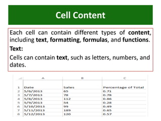 Each cell can contain different types of content,
including text, formatting, formulas, and functions.
Text:
Cells can contain text, such as letters, numbers, and
dates.
Cell Content
 