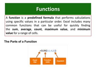 Functions
A function is a predefined formula that performs calculations
using specific values in a particular order. Excel includes many
common functions that can be useful for quickly finding
the sum, average, count, maximum value, and minimum
value for a range of cells.
The Parts of a Function
 