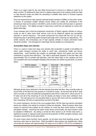 Trams and Light Rail in Melbourne’s Transport Future – Rail Futures Inc., March 2015 Page 14
There is an urgent need for the new State Government to commit to a follow-on order for at
least a further 75 additional E-class trams to replace large parts of the existing small tram fleet
on high demand routes and allow the cascading of suitable older trams to increase capacity
elsewhere on the system.
Once the requirement for high capacity extended length vehicles is fulfilled on the busier routes,
a tranche of somewhat smaller vehicles should suffice and enable the withdrawal of the
remaining Z class by the early to mid-2020’s, some of which by then will have been in operation
for over 40 years. The slightly younger A class trams could then be deployed on routes with
lighter patronage.
A key message here is that the progressive introduction of higher capacity vehicles on various
routes as new E class trams enter service must not be traded-off against any perceptible
reduction in service frequency. This would compromise the critical role that “turn up and go”
frequencies play in generating public transport patronage and in reducing car dependency. For
similar reasons, the unnecessary use of high capacity vehicles on lesser patronised routes
should be avoided.. Any resurgence in patronage may be quelled as a consequence.
Accessible stops and vehicles
There is a need to make tram stops and vehicles fully accessible to people of all abilities for
whom public transport provides the ability to reach jobs, educational, health and leisure
opportunities. Level boarding also speeds up passenger ingress and egress and thus also
contributes to journey time reductions. The need is particularly apparent in the tram fleet, with
approximately 76% of vehicles still high-floor units with steps down to the roadway and thus
non-compliant with Commonwealth Disability Discrimination Act (DDA) requirements, as shown
below:
Vehicle category Classes Years built No. in service
Non-DDA compliant trams W
Z1, Z2, Z3
A
B1
B2
1939-1956
1975-1984
1984-1987
1984-1985
1987-1994
17
146
69
2
130
Sub-total 364
DDA compliant (low floor)
trams
C1
C2
D1, D2
E
2001-2002
2005
2002-2004
2013 onwards
36
5
59
17 to Feb. 15
Sub-total 117
Although all new trams delivered in the last decade have been low-floor, they currently make up
around 24% of the fleet and only operate on a handful of routes. By the time that all 50 E class
trams currently on order are delivered (anticipated by late 2016 or early 2017), all but around 12
W class and all of the remaining Z1 and Z2 classes are likely to have been withdrawn from
service. This will reduce the non-compliant fleet to around 325 trams with the compliant fleet
then comprising 150 trams or approaching one-third of the fleet.
On current indications, the last of the non-compliant fleet (130 B2 class two-section articulated
trams) are unlikely to be retired for at least a further two decades. Many European cities have
chosen to overcome this problem by the insertion of a third low floor centre section in similar
articulated vehicles. Assuming this option made sense economically, the same solution could
be adopted in Melbourne. By adding a central low floor section to all 130 B2 class trams, a
significant increase in capacity would result and the proportion of DDA compliant vehicles could
increase to almost 60% by the early 2020’s.
On some routes where low-floor trams operate, not all stops have level boarding access, still
requiring a step down to street level. While the platform stop program has steadily been rolling
out across the network with approximately 370 stops out of a total of 1770 (21%) completed to
 