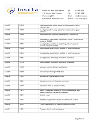 Ground Floor, North Wing, Oakhust,
11 St. Andrews Road, Parktown,
Johannesburg 2193
PO Box 32035, Braamfontein 2014
Tel:
Fax:
Email:
Website:
011 544 2000
011 484 0862
info@inseta.org.za
www.inseta.org.za
Investigate possible funding options for investors exiting a group
retirement fund
243150Level 04
Investigate possible funding options for investors exiting a group
retirment
113920Level 04
Investigate quality and control mechanisms in a business unit118005Level 04
INvestigate the possibilities of establishing a running a small business
enterprise (SMME)
117244Level 04
Investigate the possibilities of establishing and running a small
business enterprise (SMME)
10386Level 04
Investigate the range of options available for wealth management113914Level 04
Investigate the range of options available for wealth management243134Level 04
Investigate ways of managing financial risk in own lives10387Level 04
Investigate ways of managing financial risk in own lives117158Level 04
Manage a business offering financial advice119675Level 04
Manage Expenditure against a budget242810Level 04
Manage Risk in own work environment119265Level 04
Manage risk in own work/business environment13954Level 04
Manage the risk in an agricultural entirty120131Level 04
Mentor a colleague to enhance the individual`s knowledge, skills,
values and attitudes in a selected career path
114215Level 04
Motivate a team13947Level 04
Negotiate an agreement or deal in an authentic work situation13948Level 04
Outline the structure of the collective investment industry243147Level 04
Process a claim in credit risk insurance14978Level 04
Page 17 of 23
 