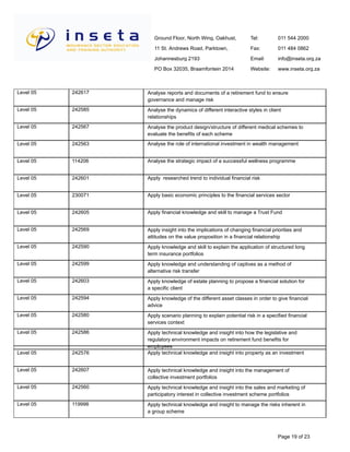 Ground Floor, North Wing, Oakhust,
11 St. Andrews Road, Parktown,
Johannesburg 2193
PO Box 32035, Braamfontein 2014
Tel:
Fax:
Email:
Website:
011 544 2000
011 484 0862
info@inseta.org.za
www.inseta.org.za
Analyse reports and documents of a retirement fund to ensure
governance and manage risk
242617Level 05
Analyse the dynamics of different interactive styles in client
relationships
242585Level 05
Analyse the product design/structure of different medical schemes to
evaluate the benefits of each scheme
242567Level 05
Analyse the role of international investment in wealth management242563Level 05
Analyse the strategic impact of a successful wellness programme114206Level 05
Apply researched trend to individual financial risk242601Level 05
Apply basic economic principles to the financial services sector230071Level 05
Apply financial knowledge and skill to manage a Trust Fund242605Level 05
Apply insight into the implications of changing financial priorities and
attitudes on the value proposition in a financial relationship
242569Level 05
Apply knowledge and skill to explain the application of structured long
term insurance portfolios
242590Level 05
Apply knowledge and understanding of captives as a method of
alternative risk transfer
242599Level 05
Apply knowledge of estate planning to propose a financial solution for
a specific client
242603Level 05
Apply knowledge of the different asset classes in order to give financial
advice
242594Level 05
Apply scenario planning to explain potential risk in a specified financial
services context
242580Level 05
Apply technical knowledge and insight into how the legislative and
regulatory environment impacts on retirement fund benefits for
employees
242586Level 05
Apply technical knowledge and insight into property as an investment242576Level 05
Apply technical knowledge and insight into the management of
collective investment portfolios
242607Level 05
Apply technical knowledge and insight into the sales and marketing of
participatory interest in collective investment scheme portfolios
242560Level 05
Apply technical knowledge and insight to manage the risks inherent in
a group scheme
119998Level 05
Page 19 of 23
 