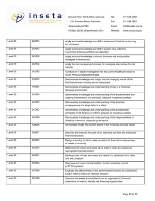 Ground Floor, North Wing, Oakhust,
11 St. Andrews Road, Parktown,
Johannesburg 2193
PO Box 32035, Braamfontein 2014
Tel:
Fax:
Email:
Website:
011 544 2000
011 484 0862
info@inseta.org.za
www.inseta.org.za
Apply technical knowledge and skill to advise an individual on planning
for retirement
242613Level 05
Apply technical knowledge and skill to explain how collective
investment scheme portfolios are classified
242612Level 05
Apply technical knowledge to explain business risk and possible
strategies to finance risk
242608Level 05
Apply the risk management process to investigate alternatives for risk
transfer
242602Level 05
Conduct an in depth investigation into the current healthcare sector in
South Africa using published data
242575Level 05
Demonstrate knowledge and insight into the changing nature of the
financial services industry and its consumers
230075Level 05
Demonstrate knowledge and understanding of risk in a Financial
Services environment
119997Level 05
Demonstrate knowledge and understanding of the establishment and
ongoing maintenance of a domestic collective investment portfolio
242609Level 05
Demonstrate knowledge and understanding of the financial
consequences of a large claim to a client
242615Level 05
Demonstrate knowledge and understanding of the fundamental
principles of risk finance in order to propose an insurance solution
242562Level 05
Demonstrate knowledge and understanding of the responsibilities of
directors in terms of corporate governance.
242598Level 05
Demostrate insight into current affairs in the Financial Services sector120075Level 05
Describe the financial life cycle of an individual and how this influences
financial decisions
230077Level 05
Design a funding mode to make provision for financial consequences
of losses in an entity
242583Level 05
Determine the needs and wants of an entity in order to propose an
appropriate financial solution
242573Level 05
Develop a set of rules that meets the needs of a retirement fund client
and are compliant
242611Level 05
Diagnose and repair vehicle stability, traction and drive control
(VSTDC) systems
376623Level 05
Evaluate the effectiveness of the administration function of a retirement
fund in order to make an informed decision
242596Level 05
Examine the assets and liabilities from an organisation's financial
statements in order to identify risk financing opportunities
242588Level 05
Page 20 of 23
 