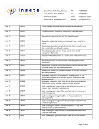 Ground Floor, North Wing, Oakhust,
11 St. Andrews Road, Parktown,
Johannesburg 2193
PO Box 32035, Braamfontein 2014
Tel:
Fax:
Email:
Website:
011 544 2000
011 484 0862
info@inseta.org.za
www.inseta.org.za
Explain the basic principles of enterprise wide risk management242618Level 05
Investigate industry initiatives to quality control medical providers242570Level 05
Manage cost in a specific case with due regard for quality242565Level 05
Manage the relationship between an intermediary and a Long Term
insurer
242558Level 05
Objectively evaluate the criteria that materially affect the performance
of a medical scheme and its administration
242616Level 05
Present a proposal to optimise the tax aspects of the wealth
management of an entity
242574Level 05
Present an informed argument on a current issue in a business sector230070Level 05
Research information in orer to assist in conducting a financial risk
assessment
242554Level 05
Research the incidence, quantity and severity of an occurence in order
to uncover a trend and anticipate a financial risk
242581Level 05
Research the influence of culture and diversity on attitudes to creating
and managing wealth
242566Level 05
Analyse the implications of current and/or proposed reform for the
Retirement Fund/Medical Scheme sub sector in order to formulate a
possible response
242579Level 06
Analyse the implications of the South African Government's National
Health Policy and the potential impact on medical schemes
242582Level 06
Apply knowledge and insight of the medical scheme environment to
evaluate risk in a selected medical scheme
242568Level 06
Apply knowledge and insight of the role of alternatove investments in
wealth management
242595Level 06
Apply knowledge and insight to advise on the composition of a
financial portfolio
242619Level 06
Apply knowledge and insight to structure and implement a retirement
fund for an organisation
242564Level 06
Apply knowledge of business insurance to propose a Long Term
financial solution for a business entity
242589Level 06
Apply knowledge of estate planning to propose a financial solution for
a high net worth client
242592Level 06
Apply knowledge of health economics to make an informed decision242571Level 06
Page 21 of 23
 