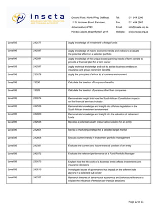 Ground Floor, North Wing, Oakhust,
11 St. Andrews Road, Parktown,
Johannesburg 2193
PO Box 32035, Braamfontein 2014
Tel:
Fax:
Email:
Website:
011 544 2000
011 484 0862
info@inseta.org.za
www.inseta.org.za
Apply knowledge of investment to hedge funds242577Level 06
Apply knowledge of macro economic trends and indices to evaluate
the potential effect on a selected portfolio
242587Level 06
Apply knowledge of the unique estate panning needs of farm owners to
provide a financial plan for a farm owner
242591Level 06
Apply technical knowledge and skill to advise business entities on
insurance and group retirement benefits
242597Level 06
Apply the principles of ethics to a business environment230078Level 06
Calculate the taxation of lump-sum benefits13030Level 06
Calculate the taxation of persons other than companies13026Level 06
Demonstrate insight into how the South African Constitution impacts
on the financial services industry
230074Level 06
Demonstrate knowledge and insight into offshore legislation in the
South African investment environment
242556Level 06
Demonstrate knowledge and insight into the valuation of retirement
funds
242600Level 06
Develop a potential wealth preservation solution for an entity242555Level 06
Devise a marketing strategy for a selected target market242604Level 06
Discuss current trends in investment portfolio management242606Level 06
Evaluate the current and future financial position of an entity242561Level 06
Evaluate the relevant performance of a Fund/Portfolio Manager242572Level 06
Explain how the life cycle of a business entity affects investments and
insurance decisions
230073Level 06
Investigate issues of governance that impact on the different role
players in a selected sub-sector
242610Level 06
Research theories of behavioural economics and behavioural finance to
explain the influence of emotion on financial decisions
242557Level 06
Page 22 of 23
 