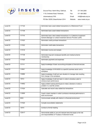 Ground Floor, North Wing, Oakhust,
11 St. Andrews Road, Parktown,
Johannesburg 2193
PO Box 32035, Braamfontein 2014
Tel:
Fax:
Email:
Website:
011 544 2000
011 484 0862
info@inseta.org.za
www.inseta.org.za
Administer basic asset related transactions in a Retirement Fund117124Level 03
Administer basic asset related transactions`117108Level 03
Administer basic client related transactions in a Collective Investment
Scheme Manager or Linked Investment Service Provider (LISP)
117116Level 03
Administer credit purchase transactions117423Level 03
Administer credit sales transactions117422Level 03
Administer income and reciepts117419Level 03
Administer long term employee benefits and medical scheme
membership
117136Level 03
Administer payments and expenses117420Level 03
Apply knowledge of basic accounting priniciples to financial services117111Level 03
Apply knowledge of HIV/AIDS to a specific business sector and a
workplace
114941Level 03
Apply knowledge of self and own situation to manage risks resulting
from change in the workplace
116966Level 03
Apply knowledge of self and team in order to develop a plan to
enhance team performance
13912Level 03
Apply problem-solving techniques to make a decision or solve a
problem in a real life context
114952Level 03
Calculate and record value added tax transactions117424Level 03
Coach a team member in order to enhance individual peformance in
work environment
113909Level 03
Communicate verbally with clients in a financial environment9303Level 03
Compile reconciliation statements117425Level 03
Conduct a formal meeting13914Level 03
Demonstrate ability to use and interpret texts that apply to the role
and responsibilities of Trustees of retirement funds
123417Level 03
Page 4 of 23
 