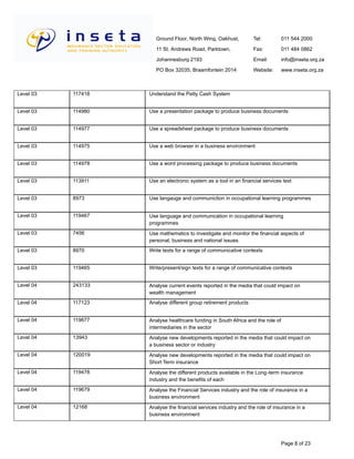 Ground Floor, North Wing, Oakhust,
11 St. Andrews Road, Parktown,
Johannesburg 2193
PO Box 32035, Braamfontein 2014
Tel:
Fax:
Email:
Website:
011 544 2000
011 484 0862
info@inseta.org.za
www.inseta.org.za
Understand the Petty Cash System117418Level 03
Use a presentation package to produce business documents114980Level 03
Use a spreadsheet package to produce business documents114977Level 03
Use a web browser in a business environment114975Level 03
Use a word processing package to produce business documents114978Level 03
Use an electronic system as a tool in an financial services text113911Level 03
Use langauge and communiction in occupational learning programmes8973Level 03
Use language and communication in occupational learning
programmes
119467Level 03
Use mathematics to investigate and monitor the financial aspects of
personal, business and national issues.
7456Level 03
Write texts for a range of communicative contexts8970Level 03
Write/present/sign texts for a range of communicative contexts119465Level 03
Analyse current events reported in the media that could impact on
wealth management
243133Level 04
Analyse different group retirement products117123Level 04
Analyse healthcare funding in South Africa and the role of
intermediaries in the sector
119677Level 04
Analyse new developments reported in the media that could impact on
a business sector or industry
13943Level 04
Analyse new developments reported in the media that could impact on
Short Term insurance
120019Level 04
Analyse the different products available in the Long-term insurance
industry and the benefits of each
119478Level 04
Analyse the Financial Services industry and the role of insurance in a
business environment
119679Level 04
Analyse the financial services industry and the role of insurance in a
business environment
12168Level 04
Page 8 of 23
 