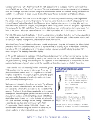 East Side Community High School requires all 7th -12th grade students to participate in service learning activities,
some of which are part of the school's curriculum. This type of universal programming creates a variety of opportu-
nities and challenges associated with such a large scale and ambitious initiative. Four service learning placements are
available: 1) Social Action; 2) Direct Service; 3) School-to-Career/Career Exploration; and 4) Elective Classes.
All 12th grade students participate in Social Action projects. Students are placed in community-based organization
that address root causes of community problems. For example, some students worked with college students from
Hunter College's Student Liberation Action Movement where they learned community organizing skills, and orga-
nized a forum on youth issues one year, and put together a fund-raising concert for Mumia Abu-Jamal’s legal defense
the next year. For the 12th grade Social Action projects, students use class time to examine community issues. They
listen to and interact with guest speakers from various political organizations before deciding upon their project.
Many 9th-11th grade students participate in Direct Service projects which place students in community organizations
that provide a direct service to members of the community in need. Students engage in direct service activities such
as working in hospitals, nursing homes, and elementary and nursery schools.
School-to-Career/Career Exploration placements provide a majority of 11th grade students with the skills and disci-
plines they need for future employment, as well as expose students to a variety of jobs in the broader community.
Examples of 9th-11th grade placements in this category include volunteer work at Prudential Securities, FOX
Broadcasting and The Shooting Gallery Film Agency.
All 7th and 8th grade students participate in Elective Classes that prepare them for future service learning site place-
ments. Preparation includes team building, planning, and interpersonal and communication skills. For example, the
7th grade community ecology class studied plants and vegetables in three different types of environments. Students
predicted and compared growth patterns, sold the vegetables, and used the monies to refurbish the garden.
There is a three-hour-per-week requirement for students, grades
9-12, involved in service learning or internships. There are 150
placements where students work, including elementary schools,
hospitals, corporations, newspapers/magazines, computer graphic
companies, political campaigns, broadcasting stations, and non-
profit community-based organizations.
Students meet in advisories three times per week. The advisories
comprise a small number of students and an advisor. One hour
per week of the advisory time is devoted to the service learning
program. This hour is devoted to preparation for service, resume
development, interviewing skills, professional behavior in the work
place, career education and to completing projects related to stu-
dents’ placements. Projects can include: designing a brochure for
one’s own placement, creating a resume, writing a cover letter for
a potential job, etc. (East Side Community High School
Comprehensive Educational Plan, 2000-2001). Advisors are
responsible for communicating with individual students and par-
ents on academic or other matters that need attention.
N E W V I S I O N S F O R P U B L I C S C H O O L S
9
EAST SIDE COMMUNITY HIGH SCHOOL
(GRADES 7-12)
MISSION: create lifetime
learners who are prepared
for college or the world or
work and who take responsi-
bility for themselves and
their community
ENROLLMENT: 483 students,
grades 7-12
TEACHERS/STAFF: 45
DEMOGRAPHICS: 60.4% Latina/o, 29%
African American, 10.5% Asian and
White, 18% Special Education
ORGANIZATION: block schedule, student
advisory, student portfolio assessment
 