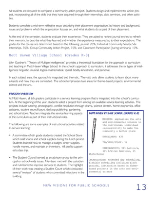 All students are required to complete a community action project. Students design and implement the action pro-
ject, incorporating all of the skills that they have acquired through their internships, class seminars, and other activi-
ties.
Students complete a mid-term reflective essay describing their placement organization, its history and background,
issues and problems which the organization focuses on, and what students do as part of their placement.
At the end of the semester, students evaluate their experience. They are asked to review journal entries to refresh
their memory, to describe what they learned and whether the experience measured up to their expectations. The
grades for the course are determined based on the following: journal, 20%; Individual Community Service Site
Internships, 35%; Group Community Action Project, 35%; and Classroom Participation (during seminars), 10%.
Mott Haven Village School (Grades K-8)
John Gardner’s “Theory of Multiple Intelligences” provides a theoretical foundation for the approach to curriculum
and teaching in Mott Haven Village School. In the school’s approach to curriculum, it addresses the six types of intel-
ligences: linguistic, musical, logical-mathematical, spatial, bodily-kinesthetic, and personal.
In each subject area, the approach is integrated and thematic. Thematic units allow students to learn about many
subjects and how they are connected. The school emphasizes two areas for theme-based projects: environmental
science and the arts.
PROGRAM OVERVIEW
At Mott Haven, all 6th graders participate in a service learning program that is integrated into the school’s curricu-
lum. At the beginning of the year, students select a project from among ten available service learning activities. The
projects include tutoring, photography, conflict resolution through drama, science centers, home economics, office
assistants, student council/court, desktop publishing, gardening,
and school store. Teachers integrate the service learning aspects
of the curriculum as part of their instructional roles.
The following are some examples of instructional activities related
to service learning:
• A committee of 6th grade students created the School Store
which sold snacks and school supplies during the lunch period.
Students learned how to manage a budget, order supplies,
handle money, and maintain an inventory. All profits support-
ed a class trip.
• The Student Council served as an advisory group to the prin-
cipal on school-wide issues. Members met with the custodian
and nutritionist to improve services to students. The highlight
of their work was creating a Student Court which conducted
several “reviews” of students who committed infractions in the
building.
N E W V I S I O N S F O R P U B L I C S C H O O L S
13
MOTT HAVEN VILLAGE SCHOOL (GRADES K-8)
MISSION: emphasizes the arts
and environmental science in
the curriculum, individual
responsibility to make the
community a better place
ENROLLMENT: 430
TEACHERS/STAFF: 36
DEMOGRAPHICS: 58% Latino/a,
40% African American, 2%
White/Asian
ORGANIZATION: extended day scheduling,
flexible scheduling including block
periods, instruction based on theme-
based projects in the arts and envi-
ronmental science
 
