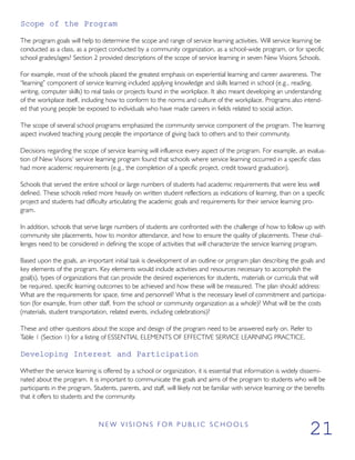 Scope of the Program
The program goals will help to determine the scope and range of service learning activities. Will service learning be
conducted as a class, as a project conducted by a community organization, as a school-wide program, or for specific
school grades/ages? Section 2 provided descriptions of the scope of service learning in seven New Visions Schools.
For example, most of the schools placed the greatest emphasis on experiential learning and career awareness. The
“learning” component of service learning included applying knowledge and skills learned in school (e.g., reading,
writing, computer skills) to real tasks or projects found in the workplace. It also meant developing an understanding
of the workplace itself, including how to conform to the norms and culture of the workplace. Programs also intend-
ed that young people be exposed to individuals who have made careers in fields related to social action.
The scope of several school programs emphasized the community service component of the program. The learning
aspect involved teaching young people the importance of giving back to others and to their community.
Decisions regarding the scope of service learning will influence every aspect of the program. For example, an evalua-
tion of New Visions’ service learning program found that schools where service learning occurred in a specific class
had more academic requirements (e.g., the completion of a specific project, credit toward graduation).
Schools that served the entire school or large numbers of students had academic requirements that were less well
defined. These schools relied more heavily on written student reflections as indications of learning, than on a specific
project and students had difficulty articulating the academic goals and requirements for their service learning pro-
gram.
In addition, schools that serve large numbers of students are confronted with the challenge of how to follow up with
community site placements, how to monitor attendance, and how to ensure the quality of placements. These chal-
lenges need to be considered in defining the scope of activities that will characterize the service learning program.
Based upon the goals, an important initial task is development of an outline or program plan describing the goals and
key elements of the program. Key elements would include activities and resources necessary to accomplish the
goal(s), types of organizations that can provide the desired experiences for students, materials or curricula that will
be required, specific learning outcomes to be achieved and how these will be measured. The plan should address:
What are the requirements for space, time and personnel? What is the necessary level of commitment and participa-
tion (for example, from other staff, from the school or community organization as a whole)? What will be the costs
(materials, student transportation, related events, including celebrations)?
These and other questions about the scope and design of the program need to be answered early on. Refer to
Table 1 (Section 1) for a listing of ESSENTIAL ELEMENTS OF EFFECTIVE SERVICE LEARNING PRACTICE.
Developing Interest and Participation
Whether the service learning is offered by a school or organization, it is essential that information is widely dissemi-
nated about the program. It is important to communicate the goals and aims of the program to students who will be
participants in the program. Students, parents, and staff, will likely not be familiar with service learning or the benefits
that it offers to students and the community.
N E W V I S I O N S F O R P U B L I C S C H O O L S
21
 