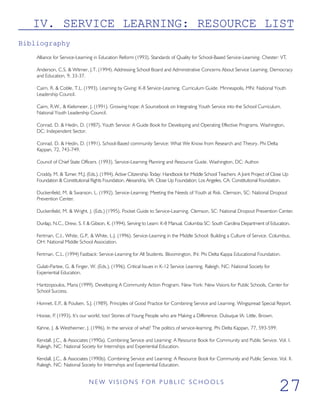 IV. SERVICE LEARNING: RESOURCE LIST
Bibliography
Alliance for Service-Learning in Education Reform (1993). Standards of Quality for School-Based Service-Learning. Chester: VT.
Anderson, C.S. & Witmer, J.T. (1994). Addressing School Board and Administrative Concerns About Service Learning. Democracy
and Education, 9, 33-37.
Cairn, R. & Coble, T.L. (1993). Learning by Giving: K-8 Service-Learning. Curriculum Guide. Minneapolis, MN: National Youth
Leadership Council.
Cairn, R.W., & Kielsmeier, J. (1991). Growing hope: A Sourcebook on Integrating Youth Service into the School Curriculum.
National Youth Leadership Council.
Conrad, D. & Hedin, D. (1987). Youth Service: A Guide Book for Developing and Operating Effective Programs. Washington,
DC: Independent Sector.
Conrad, D. & Hedin, D. (1991). School-Based community Service: What We Know from Research and Theory. Phi Delta
Kappan, 72, 743-749.
Council of Chief State Officers. (1993). Service-Learning Planning and Resource Guide. Washington, DC: Author.
Croddy, M. & Turner, M.J. (Eds.). (1994). Active Citizenship Today: Handbook for Middle School Teachers: A Joint Project of Close Up
Foundation & Constitutional Rights Foundation. Alexandria, VA: Close Up Foundation; Los Angeles, CA: Constitutional Foundation.
Duckenfield, M. & Swanson, L. (1992). Service-Learning: Meeting the Needs of Youth at Risk. Clemson, SC: National Dropout
Prevention Center.
Duckenfield, M. & Wright, J. (Eds.) (1995). Pocket Guide to Service-Learning. Clemson, SC: National Dropout Prevention Center.
Dunlap, N.C., Drew, S. F. & Gibson, K. (1994). Serving to Learn: K-8 Manual. Columbia SC: South Carolina Department of Education.
Fertman, C.I., White, G.P., & White, L.J. (1996). Service-Learning in the Middle School: Building a Culture of Service. Columbus,
OH: National Middle School Association.
Fertman, C.L. (1994) Fastback: Service-Learning for All Students. Bloomington, IN: Phi Delta Kappa Educational Foundation.
Gulati-Partee, G. & Finger, W. (Eds.), (1996). Critical Issues in K-12 Service Learning. Raleigh, NC: National Society for
Experiential Education.
Hantzopoulos, Maria (1999). Developing A Community Action Program. New York: New Visions for Public Schools, Center for
School Success.
Honnet, E.P., & Poulsen, S.J. (1989). Principles of Good Practice for Combining Service and Learning. Wingspread Special Report.
Hoose, P. (1993). It’s our world, too! Stories of Young People who are Making a Difference. Dubuque IA: Little, Brown.
Kahne, J. & Westheimer, J. (1996). In the service of what? The politics of service-learning. Phi Delta Kappan, 77, 593-599.
Kendall, J.C., & Associates (1990a). Combining Service and Learning: A Resource Book for Community and Public Service. Vol. I.
Raleigh, NC: National Society for Internships and Experiential Education.
Kendall, J.C., & Associates (1990b). Combining Service and Learning: A Resource Book for Community and Public Service. Vol. II.
Raleigh, NC: National Society for Internships and Experiential Education.
N E W V I S I O N S F O R P U B L I C S C H O O L S
27
 