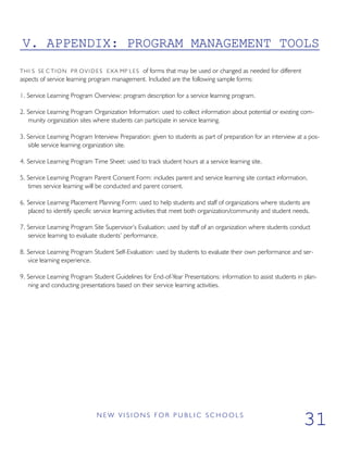 V. APPENDIX: PROGRAM MANAGEMENT TOOLS
THI S SE C TION PR O V I D E S EXA MP LES of forms that may be used or changed as needed for different
aspects of service learning program management. Included are the following sample forms:
1. Service Learning Program Overview: program description for a service learning program.
2. Service Learning Program Organization Information: used to collect information about potential or existing com-
munity organization sites where students can participate in service learning.
3. Service Learning Program Interview Preparation: given to students as part of preparation for an interview at a pos-
sible service learning organization site.
4. Service Learning Program Time Sheet: used to track student hours at a service learning site.
5. Service Learning Program Parent Consent Form: includes parent and service learning site contact information,
times service learning will be conducted and parent consent.
6. Service Learning Placement Planning Form: used to help students and staff of organizations where students are
placed to identify specific service learning activities that meet both organization/community and student needs.
7. Service Learning Program Site Supervisor’s Evaluation: used by staff of an organization where students conduct
service learning to evaluate students’ performance.
8. Service Learning Program Student Self-Evaluation: used by students to evaluate their own performance and ser-
vice learning experience.
9. Service Learning Program Student Guidelines for End-of-Year Presentations: information to assist students in plan-
ning and conducting presentations based on their service learning activities.
N E W V I S I O N S F O R P U B L I C S C H O O L S
31
 