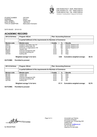 STUDENT NUMBER 22013203
SURNAME Kasirye
FIRST NAMES Phillipo Gitta
DATE OF BIRTH 1983-08-22
TYPE OF EXEMPTION Matriculation Exemption
DATE ISSUED 2015-01-03
ACADEMIC RECORD
for REGISTRAR
Page 3 of 4 Universiteit van Pretoria
University of Pretoria
Privaatsak X20 / Private Bag X20
Hatfield 0028
E-pos/Email: csc@up.ac.za
Tel: 012 420 3111
Faks/Fax 012 420 4555
2012 (Full-time) Program: BCom Plan: Accounting Sciences
In partial fulfilment of the requirements for Bachelor of Commerce
Module code Module name Credits % Results
AIM101 Academic information man 101 6.00 991 Exempt: Passed at UP
EOT162 Academic writing skills 162 6.00 991 Exempt: Passed at UP
EOT164 Communic in organisations 164 6.00 991 Exempt: Passed at UP
BEL200 Taxation 200 32.00 47 Fail
FBS200 Financial management 200 32.00 58 Pass
FRK201 Financial accounting 201 32.00 50 Pass
ODT200 Auditing 200 32.00 52 Pass
Weighted average % for term: 0.00 Cumulative weighted average: 66.12
OUTCOME: Permitted to proceed
2013 (Full-time) Program: BCom Plan: Accounting Sciences
In partial fulfilment of the requirements for Bachelor of Commerce
Module code Module name Credits % Results
BEL200 Taxation 200 32.00 61 Pass
BEL300 Taxation 300 40.00 54 Pass
FBS300 Financial management 300 40.00 50 Pass
FRK300 Financial accounting 300 40.00 40 Fail
ODT300 Auditing 300 40.00 43 Fail
Weighted average % for term: 57.11 Cumulative weighted average: 62.76
OUTCOME: Permitted to proceed
 