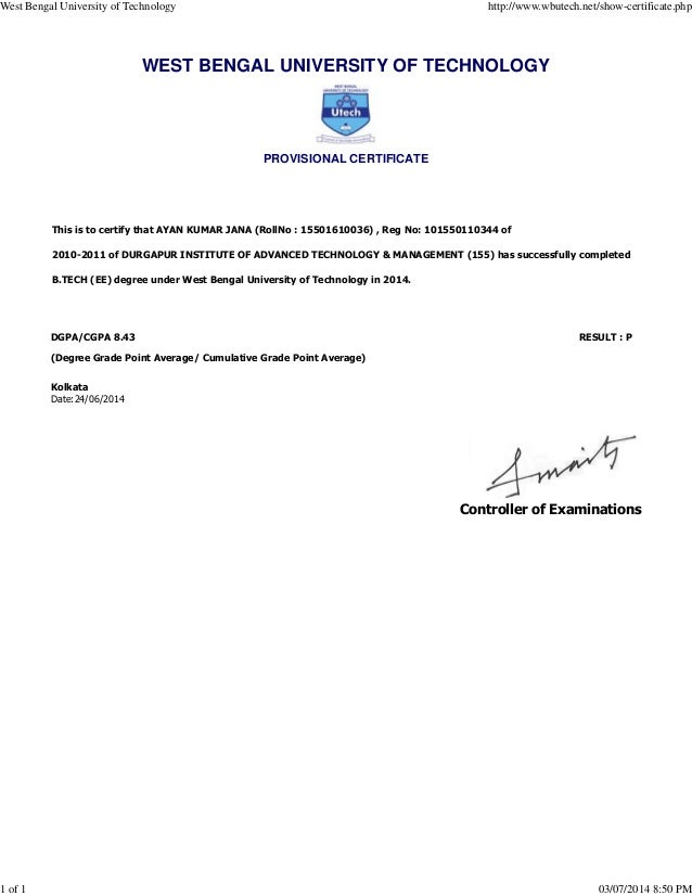 letter bengali in meaning certificate Provisional of Bengal University Certificate Technology West